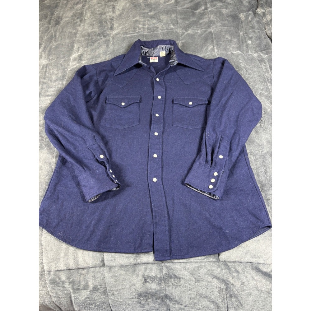Marlboro Vintage Mens Navy Blue Wool Blend Western Pearl Snap Shirt Large